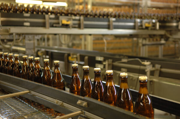 Mehrwegflaschen auf dem Fließband einer Brauerei.